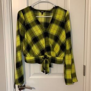 NWOT -Express shirt, size XXS- yellow plaid pattern, bell sleeves, cinched waist